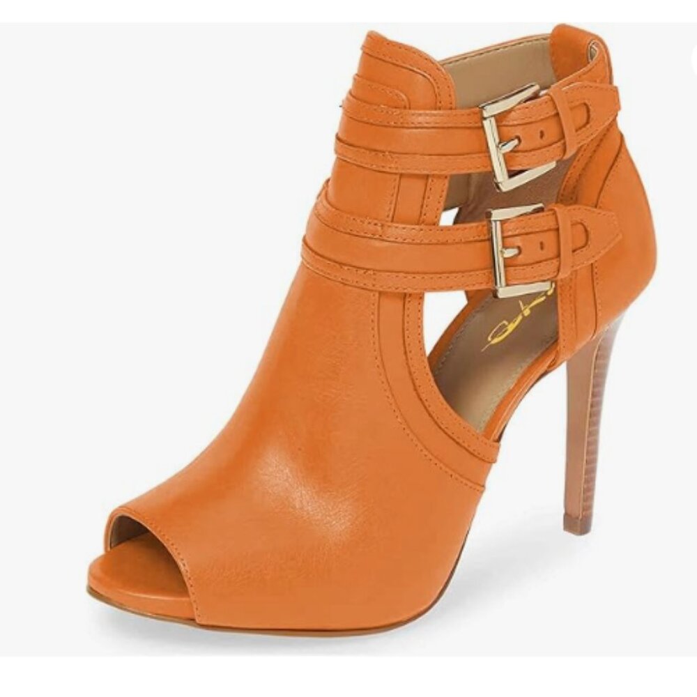 XYD Orange Peep Toe Ankle Bootie High Heels Buckled Double Straps Cutout Shoes